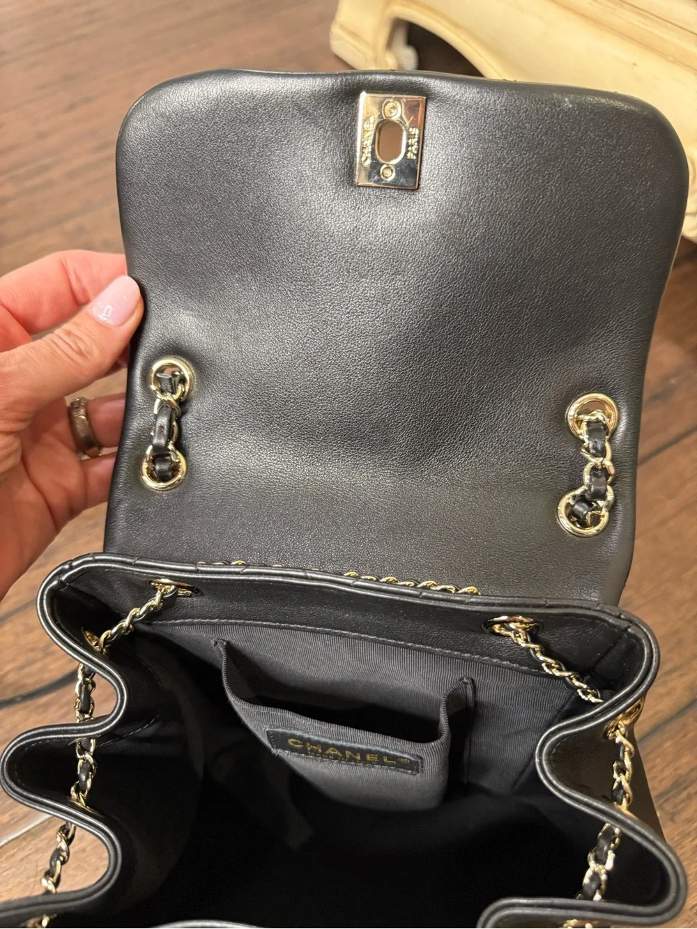 Black Quilted Leather Backpack in with Gold hardware